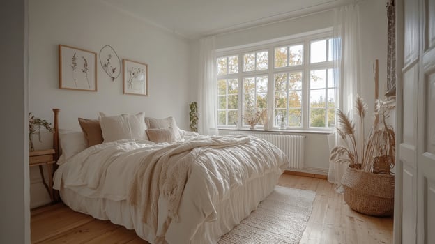 A bedroom with a white bed and wooden floor photo