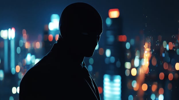 A man in a black suit standing in front of a city at night photo