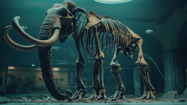 An elephant skeleton is standing in a museum photo