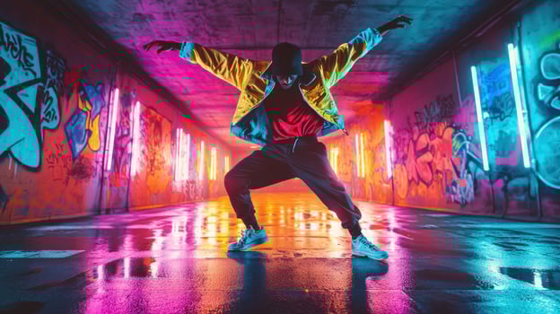 A man in a neon jacket and sneakers dancing in a graffiti - filled tunnel photo