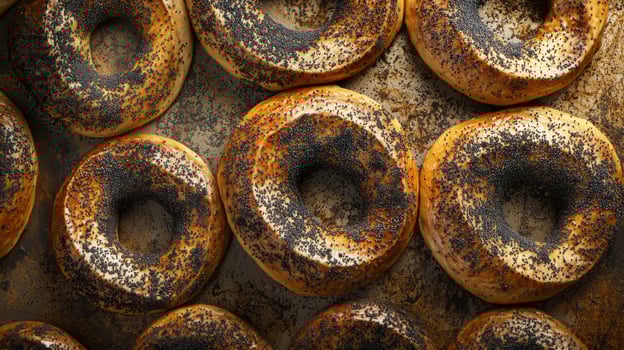 A row of puffed up bagels with black seeds on top photo