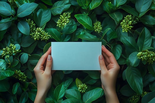 Hands Presenting Blank Paper Amidst Lush Green Leaves - Nature Concept for Design and Print photo