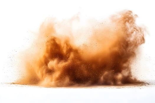 Dynamic Explosion of Brown Powder on White Background for Abstract Design photo