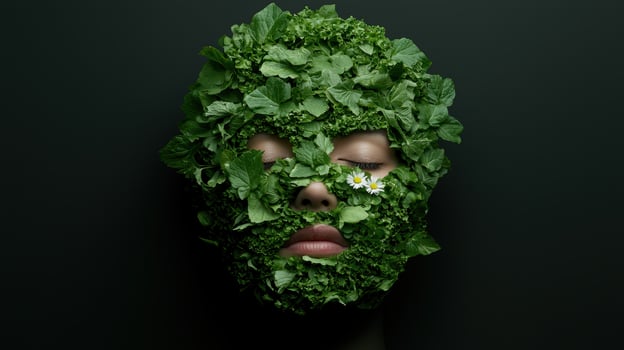 Woman with a leafy face mask, eyes closed photo