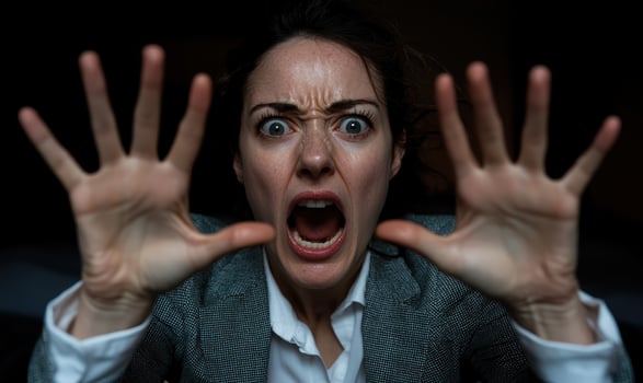 Fearful woman with hands up, screaming photo