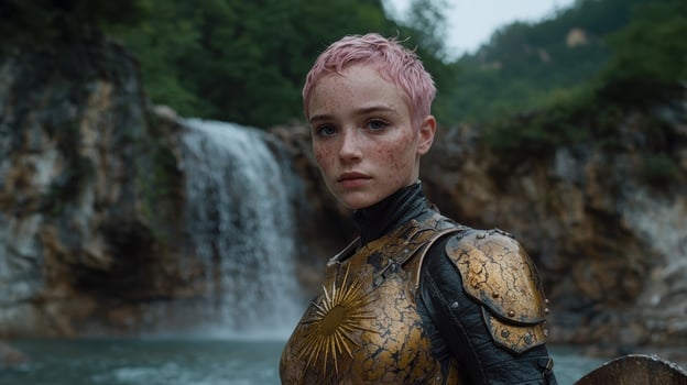 Young woman in fantasy armor stands before a waterfall photo