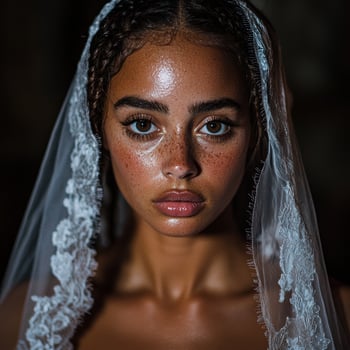 Closeup portrait of a young woman with freckles wearing a veil photo