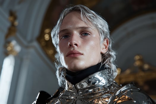 Portrait of a young man in shining silver armor photo