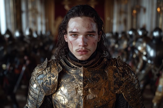 Young warrior in shining armor stands defiantly photo
