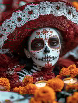 Calavera Catrina in vibrant red and orange marigolds photo