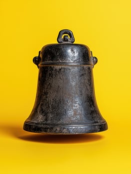 Antique black metal bell on yellow background photo