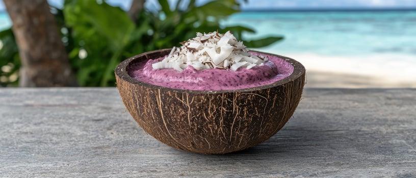 Acai bowl with coconut flakes in a coconut shell bowl on a tropical beach photo