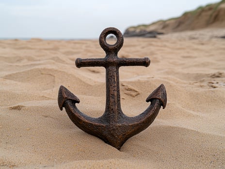 Bronze anchor on sandy beach, ocean background photo