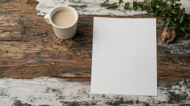 Blank paper and cup of coffee on rustic wooden table photo