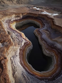 Aerial view of a colorful geological formation with a dark pool of water at its center photo