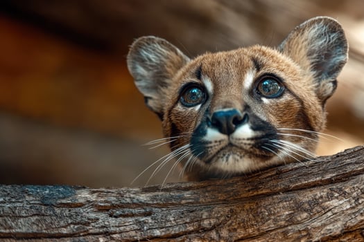 Closeup of a young cougar cub peering over a log photo