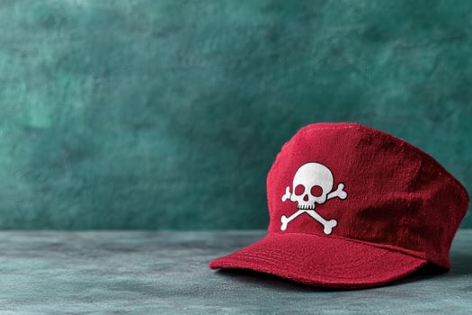 Red cap with skull and crossbones on teal background photo