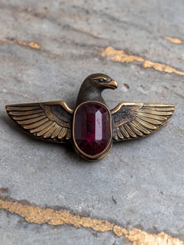 Ornate bronze eagle brooch with a dark red gemstone photo