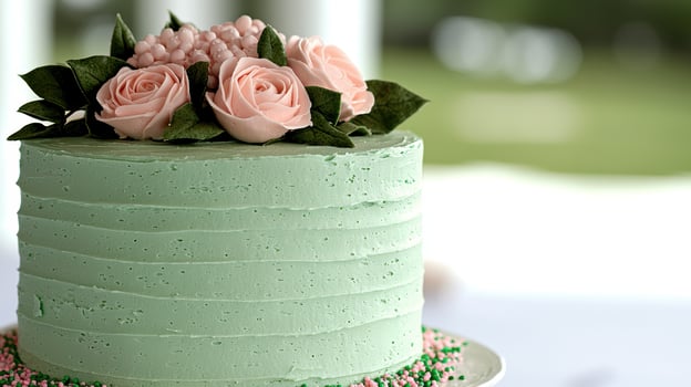 Pastel green cake with pink roses photo