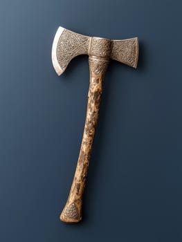Ornate double bit axe with intricate carvings on a dark background photo