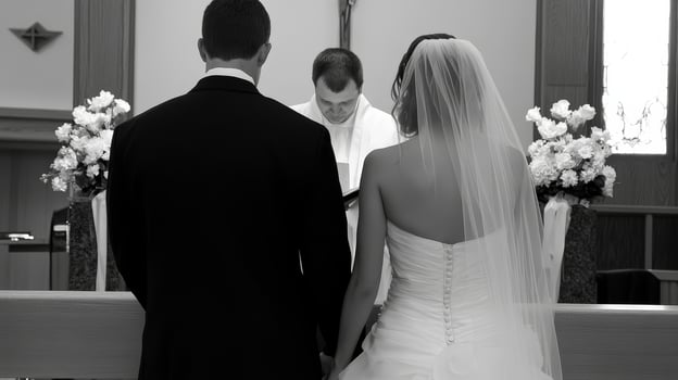 Black and White Wedding Ceremony Bride and Groom Holding Hands at the Altar photo