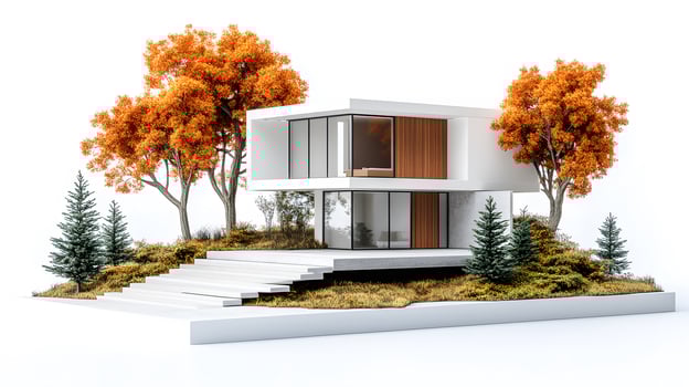 Miniature modern house with white exterior and wooden door, surrounded by autumn trees with orange leaves and evergreen pines in isometric diorama style. evergreen photo