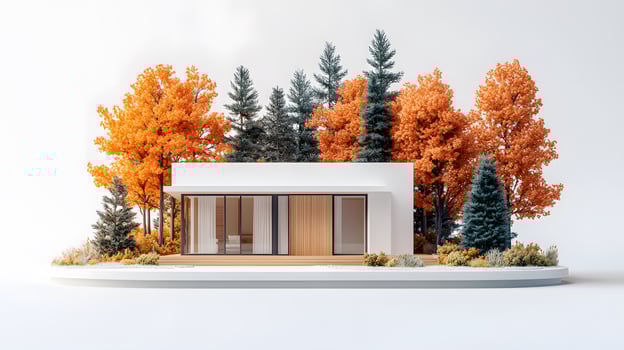 Miniature modern house with white exterior and wooden door, surrounded by autumn trees with orange leaves and evergreen pines in isometric diorama style. house photo