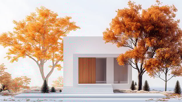 Miniature modern house with white exterior and wooden door, surrounded by autumn trees with orange leaves and evergreen pines in isometric diorama style. miniature photo