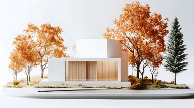 Miniature modern house with white exterior and wooden door, surrounded by autumn trees with orange leaves and evergreen pines in isometric diorama style. white photo