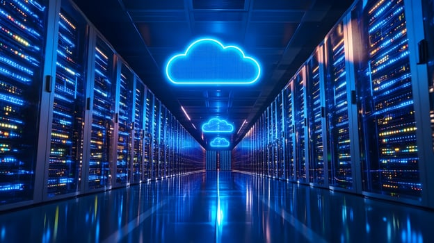 Futuristic data center corridor featuring neon cloud icon, server racks, blue LED lighting, and symmetrical perspective with glossy floor reflections. icon photo