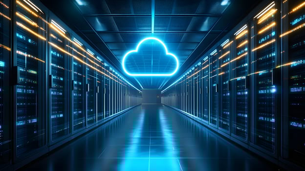 Futuristic data center corridor featuring neon cloud icon, server racks, blue LED lighting, and symmetrical perspective with glossy floor reflections. symmetrical photo