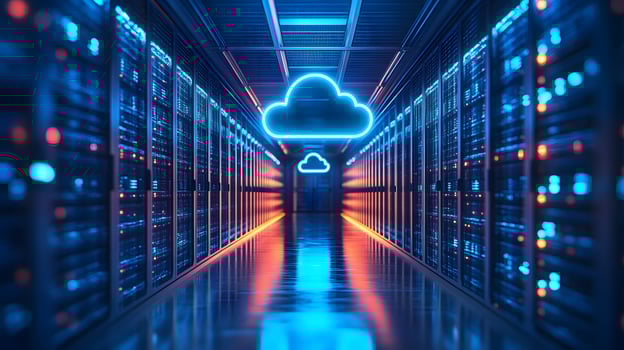 Futuristic data center corridor featuring neon cloud icon, server racks, blue LED lighting, and symmetrical perspective with glossy floor reflections. floor photo