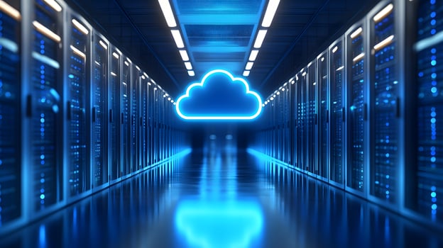 Futuristic data center corridor featuring neon cloud icon, server racks, blue LED lighting, and symmetrical perspective with glossy floor reflections. digital photo