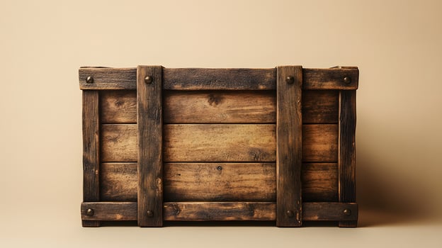 Studio photography of wooden crate box displaying detailed grain texture and cross-braced construction design, isolated on beige background with soft shadows. packaging photo