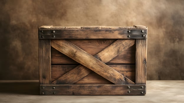 Studio photography of wooden crate box displaying detailed grain texture and cross-braced construction design, isolated on beige background with soft shadows. material photo