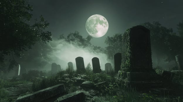 A graveyard shrouded in mist presents an eerie atmosphere, illuminated by the bright full moon, with tombstones partially covered in moss surrounded by trees photo