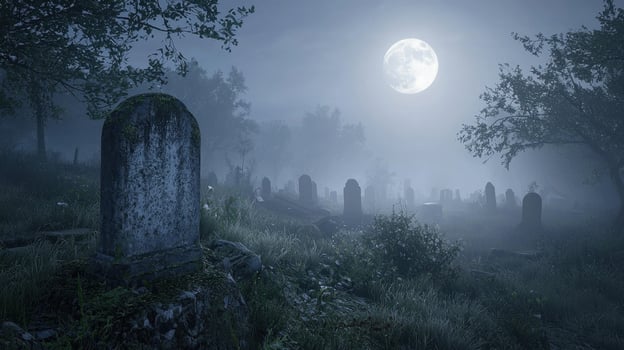 Under a bright full moon, a foggy cemetery reveals weathered gravestones surrounded by tall grass and trees, creating an eerie yet tranquil atmosphere at night photo