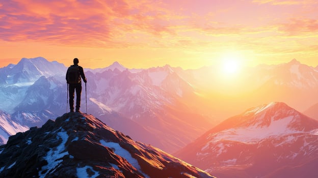 A lone hiker stands on a mountain summit, gazing at the stunning sunrise. The sky is filled with vibrant colors as soft clouds hover above the snow-covered peaks photo