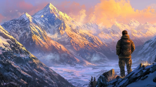 A man stands on a mountain overlooking a snowy landscape photo