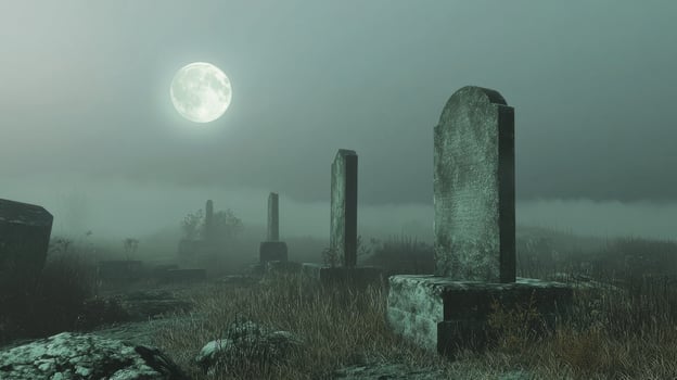 A graveyard with tombstones and a full moon photo
