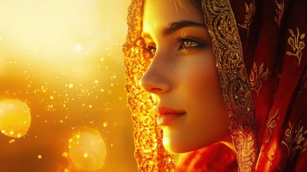 Beautiful woman in gold and red headscarf photo