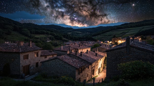 Stars twinkle brightly over a quaint village surrounded by mountains. The stone buildings, dimly lit, create a serene atmosphere under the expansive night sky filled with the Milky Way photo