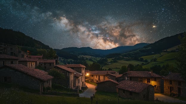 Nightfall unveils a tranquil mountain village, where cozy homes glow softly under a blanket of stars. The Milky Way stretches gracefully overhead, creating a breathtaking view photo