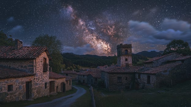 Stars illuminate the night sky above a quiet, abandoned village featuring rustic stone buildings and an ancient tower. The Milky Way dominates the backdrop, creating a serene atmosphere photo