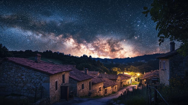 A picturesque village is bathed in soft yellow light from cottages under a stunning display of stars and the Milky Way in the deep night sky. The peaceful atmosphere invites calm reflection photo