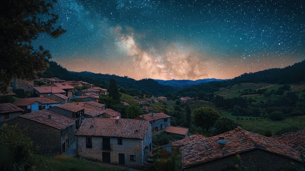 A peaceful village is illuminated under a starry sky, with the Milky Way arching above. The rustic rooftops and lush hills create a serene atmosphere at night photo