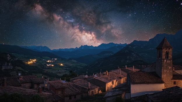 The milky way over the village of castelnuovo sul monte, italy photo