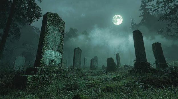 A cemetery with tombstones and a full moon photo