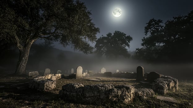 A graveyard with tombstones and a full moon photo