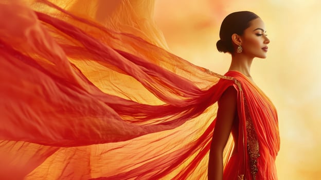 Beautiful indian woman in orange sari with flowing fabric photo
